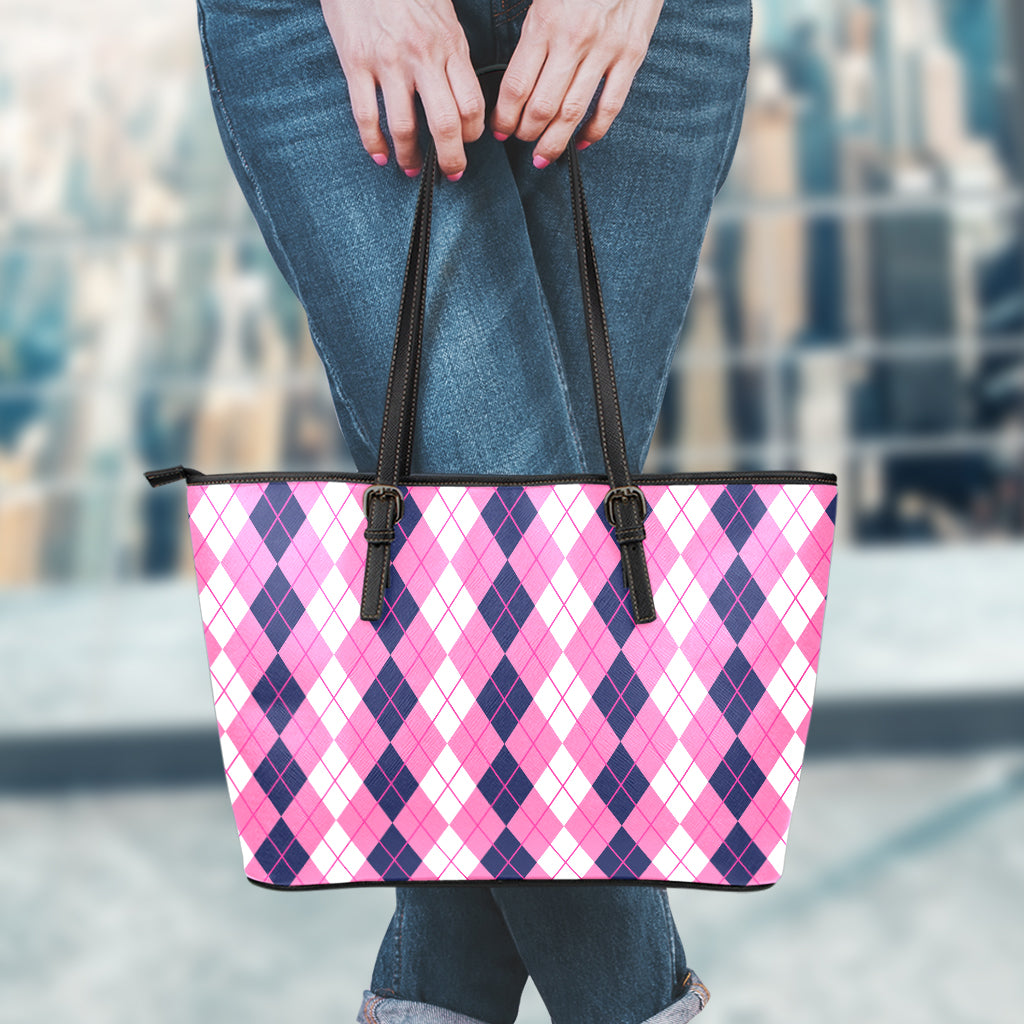 Pink White And Blue Argyle Pattern Print Leather Tote Bag