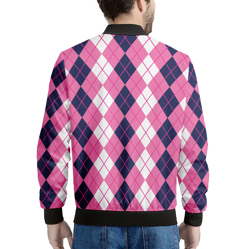 Pink White And Blue Argyle Pattern Print Men's Bomber Jacket