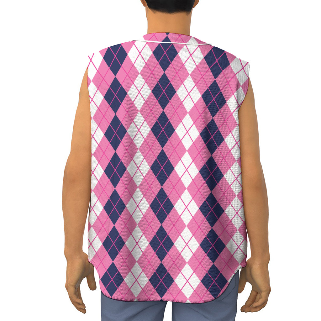 Pink White And Blue Argyle Pattern Print Sleeveless Baseball Jersey