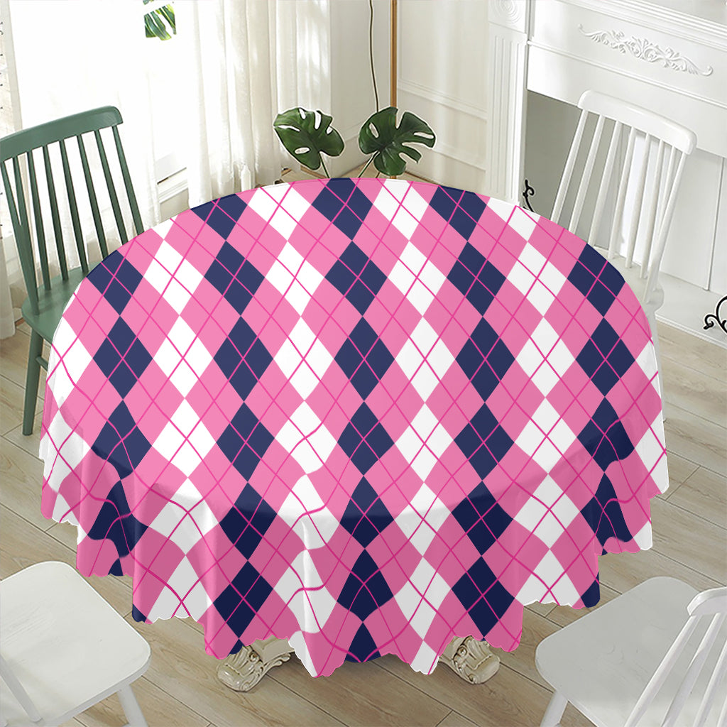 Pink White And Blue Argyle Pattern Print Waterproof Round Tablecloth