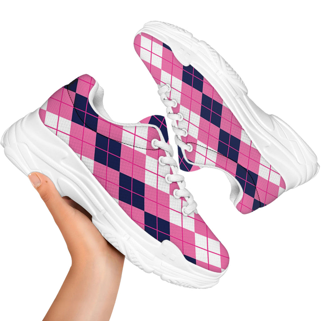 Pink White And Blue Argyle Pattern Print White Chunky Shoes