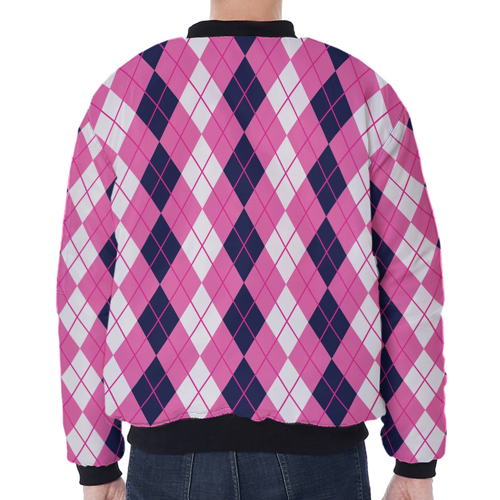 Pink White And Blue Argyle Pattern Print Zip Sleeve Bomber Jacket