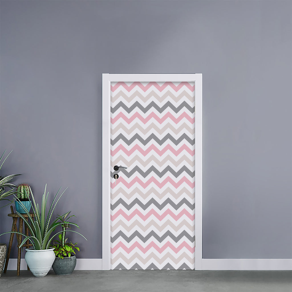 Pink White And Grey Chevron Print Door Sticker