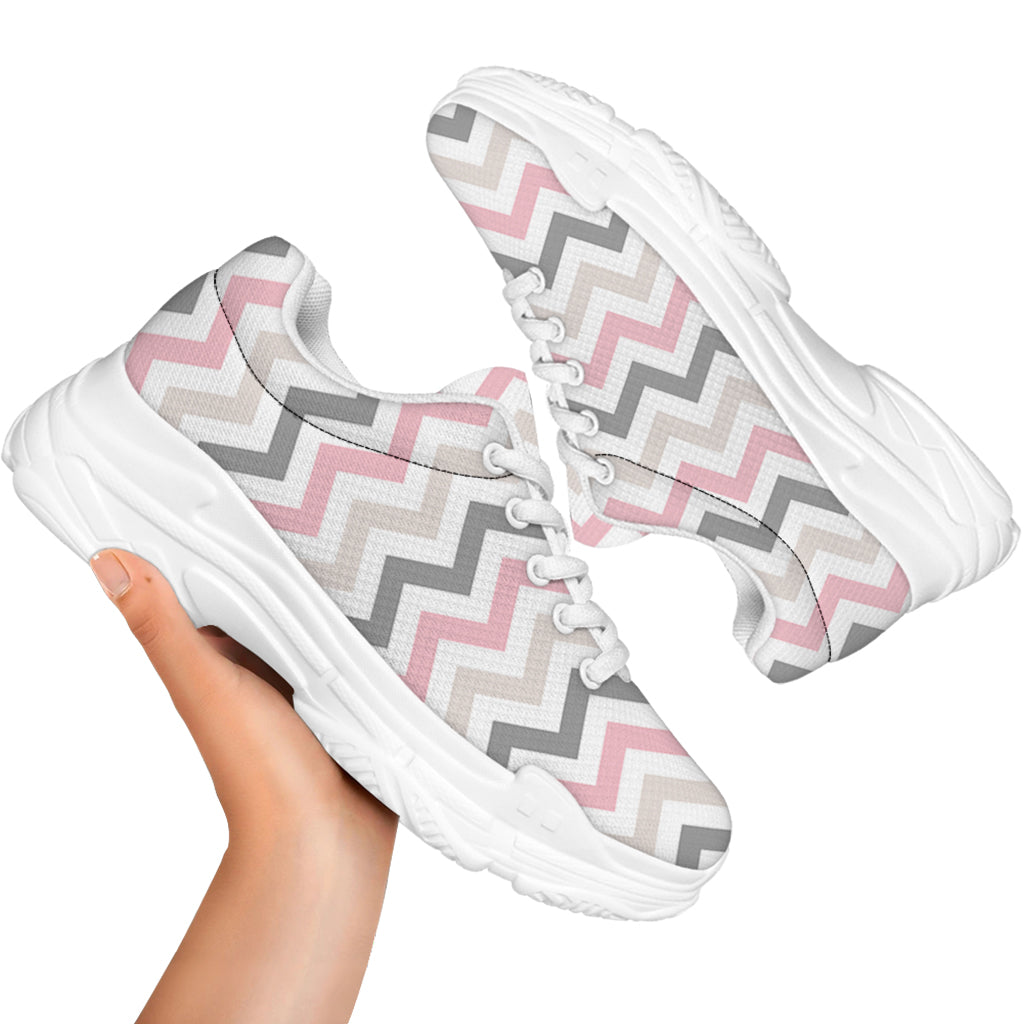 Pink White And Grey Chevron Print White Chunky Shoes