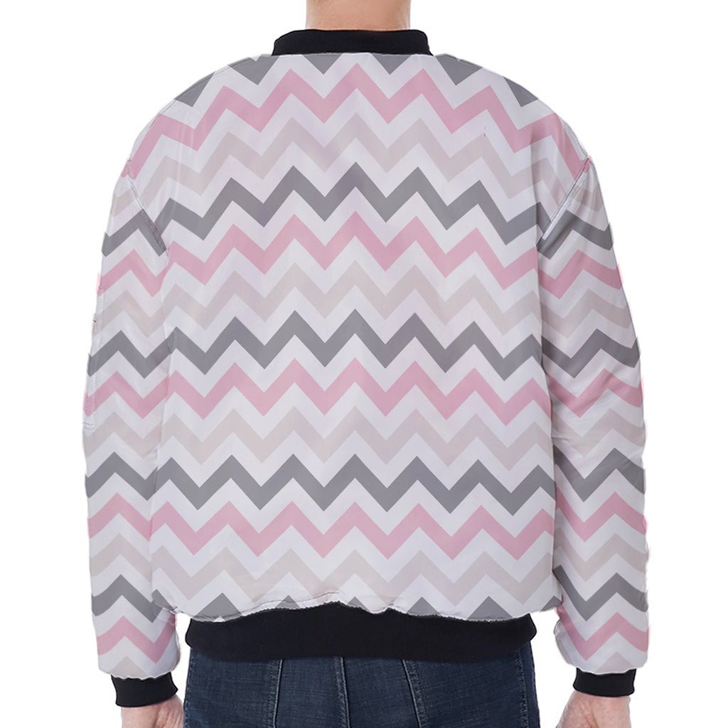 Pink White And Grey Chevron Print Zip Sleeve Bomber Jacket