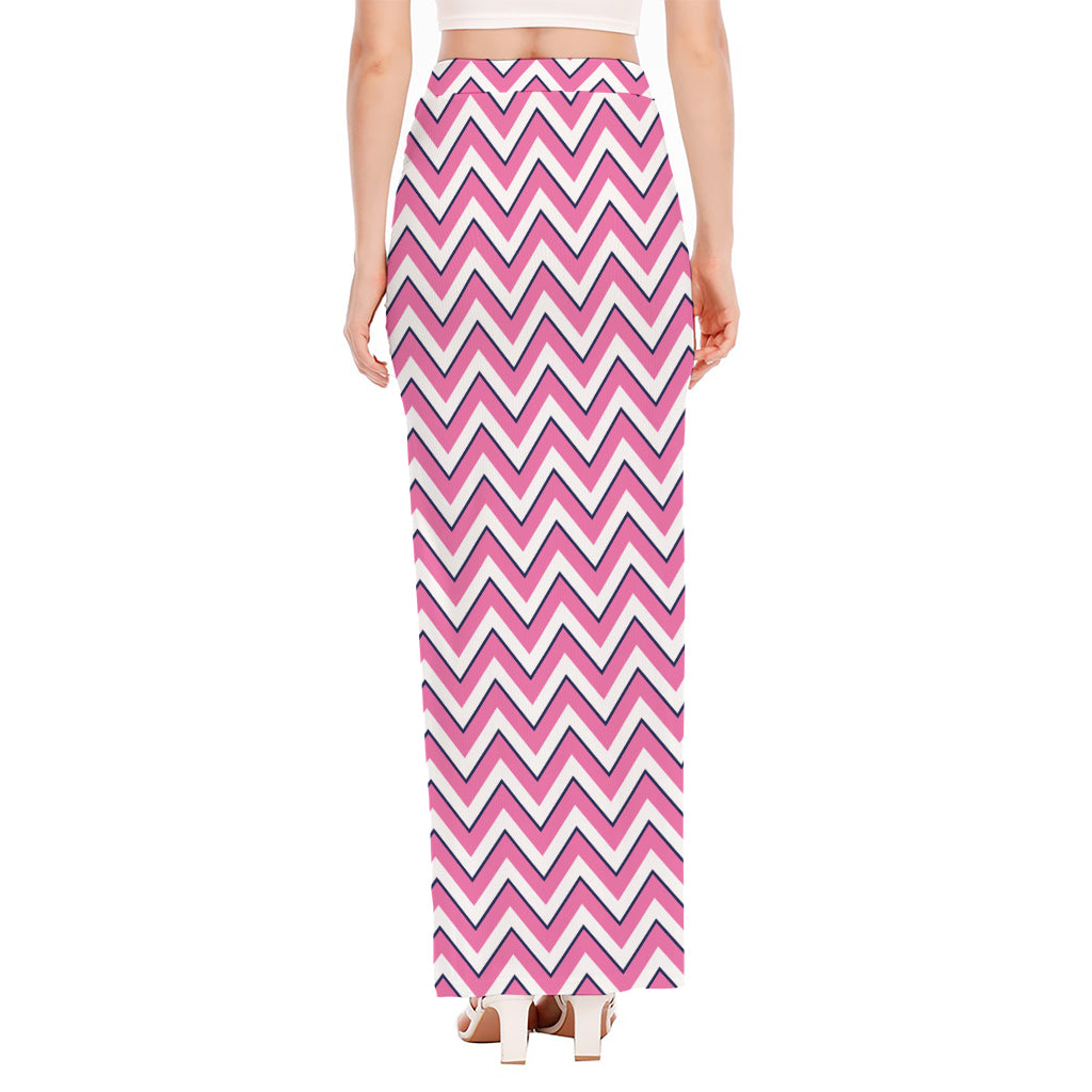Pink White And Navy Chevron Print High Slit Maxi Skirt