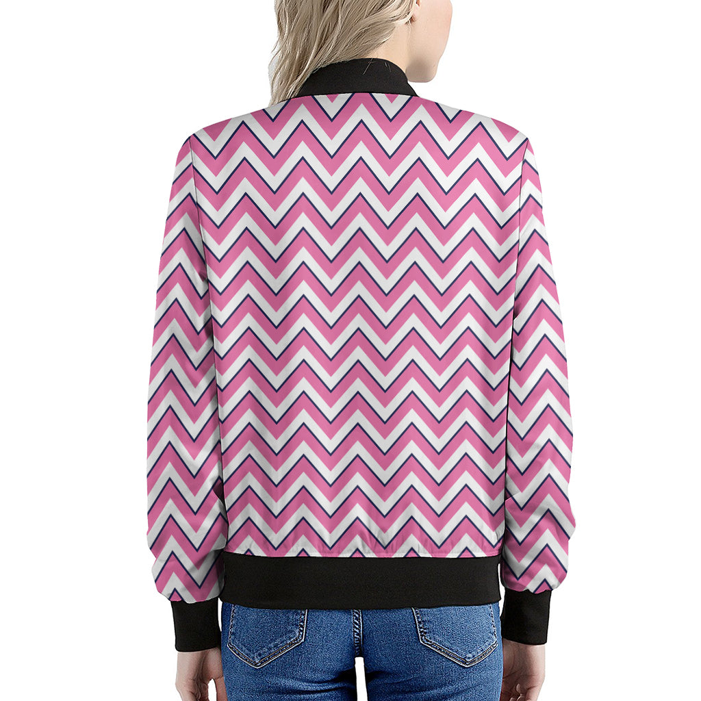 Pink White And Navy Chevron Print Women's Bomber Jacket