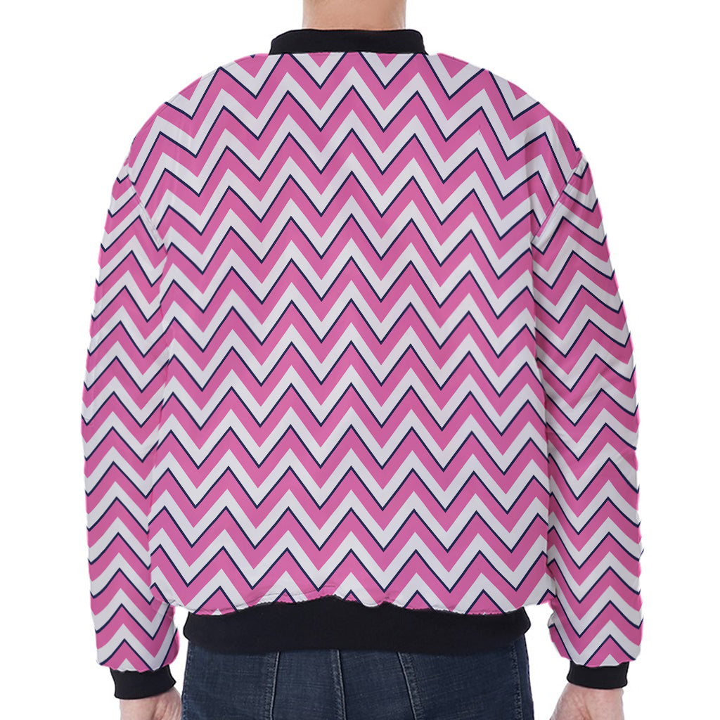 Pink White And Navy Chevron Print Zip Sleeve Bomber Jacket