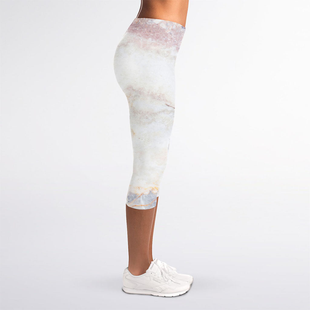 Pink White Grey Marble Print Women's Capri Leggings