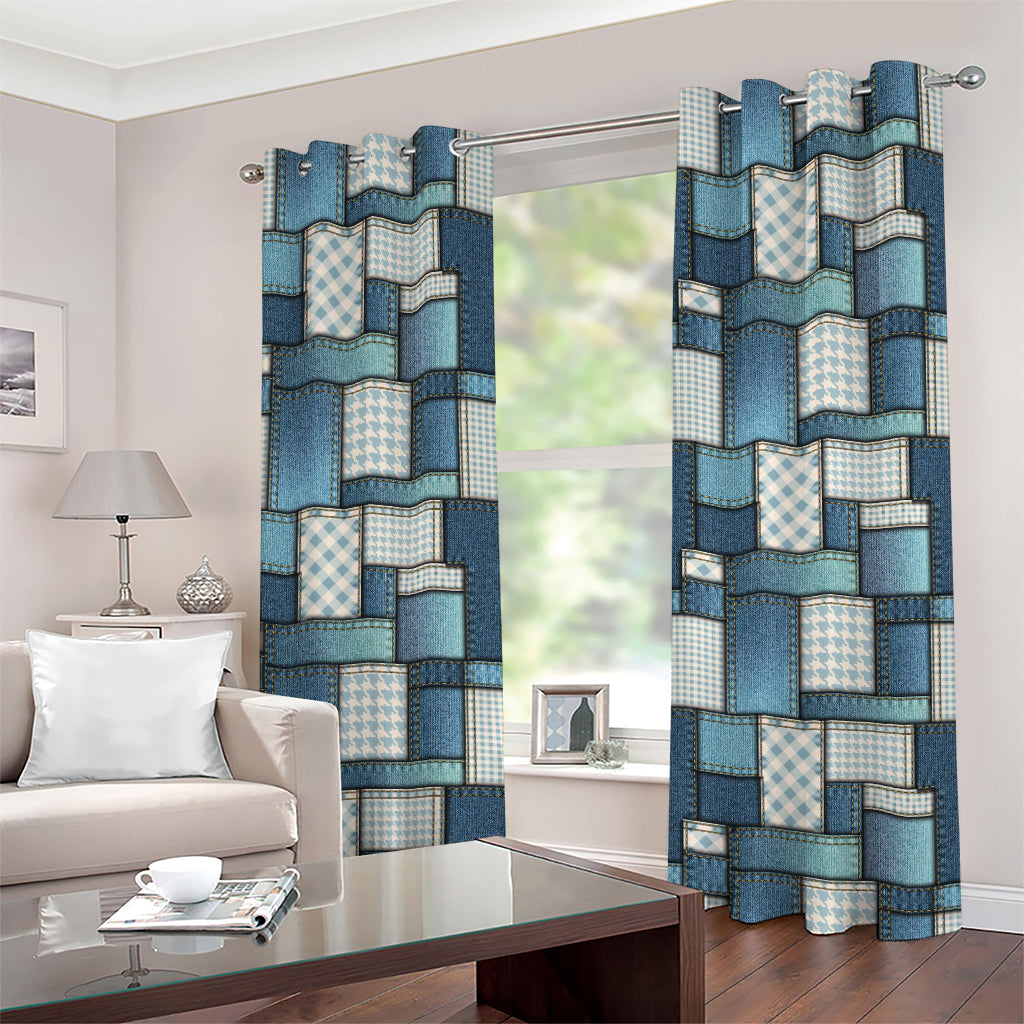 Plaid And Denim Patchwork Pattern Print Grommet Curtains