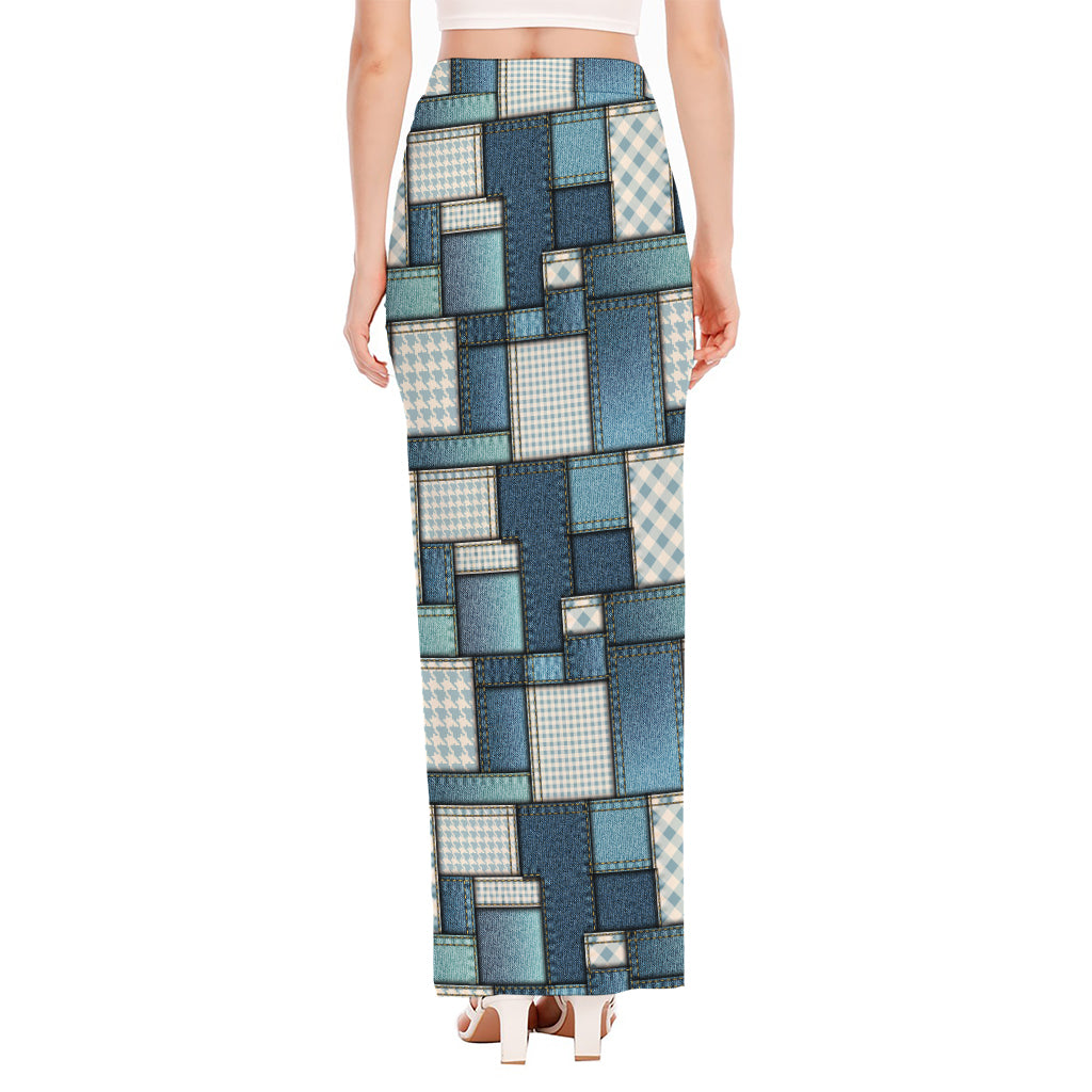 Plaid And Denim Patchwork Pattern Print High Slit Maxi Skirt