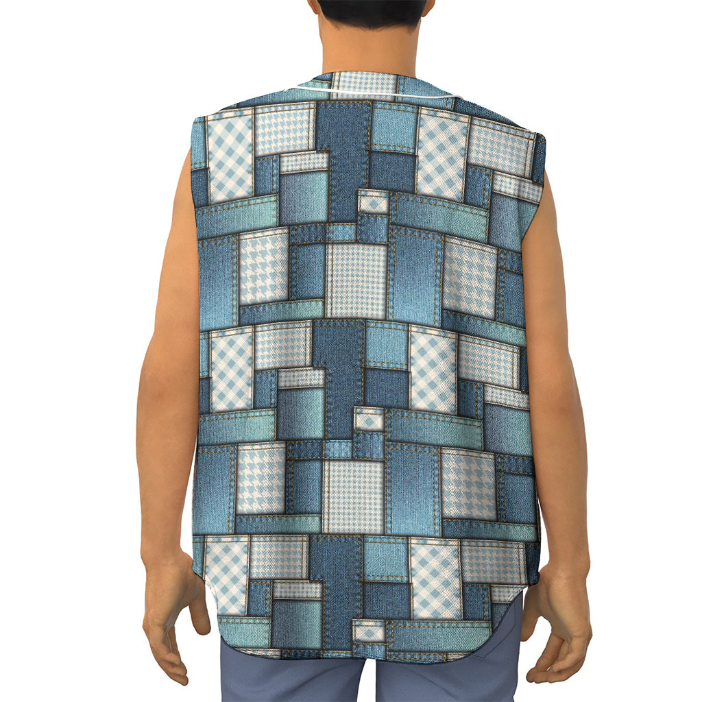 Plaid And Denim Patchwork Pattern Print Sleeveless Baseball Jersey
