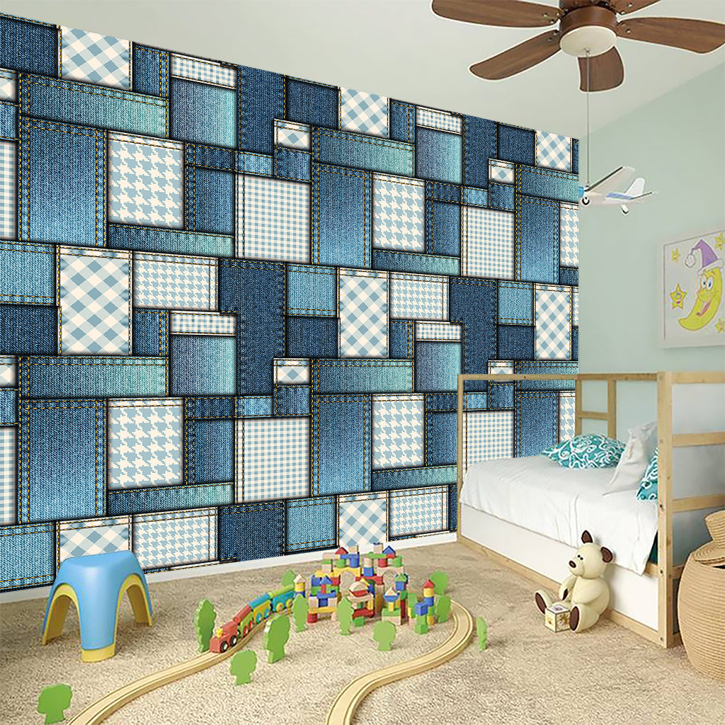Plaid And Denim Patchwork Pattern Print Wall Sticker