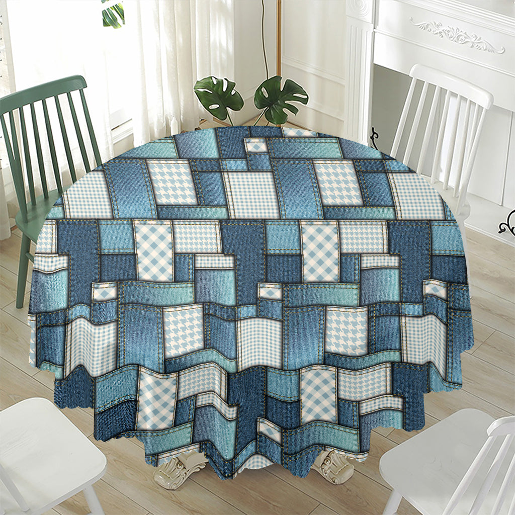Plaid And Denim Patchwork Pattern Print Waterproof Round Tablecloth