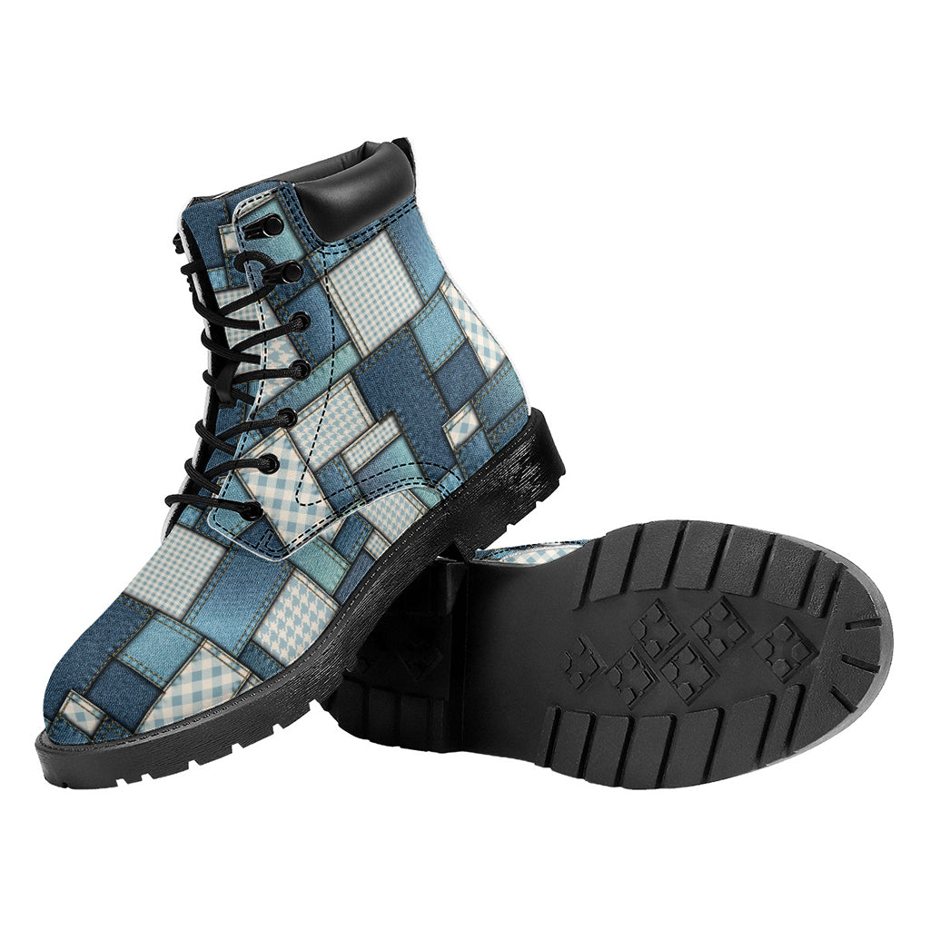 Plaid And Denim Patchwork Pattern Print Work Boots