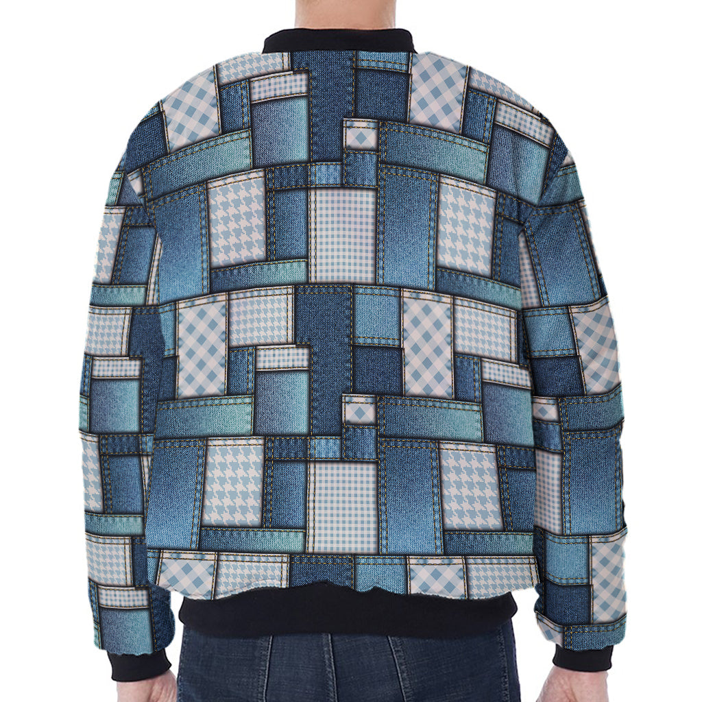 Plaid And Denim Patchwork Pattern Print Zip Sleeve Bomber Jacket