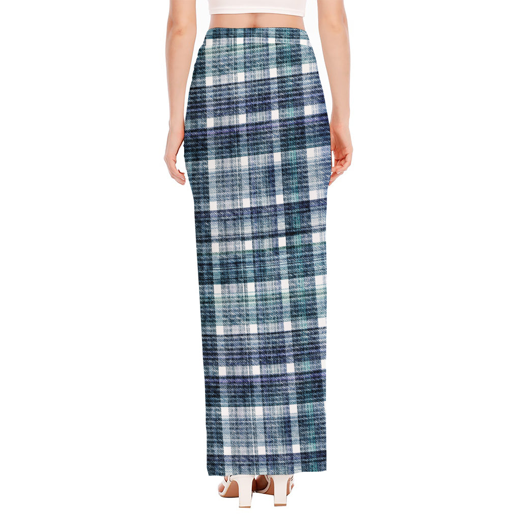 Plaid Denim Jeans Pattern Print High Slit Maxi Skirt