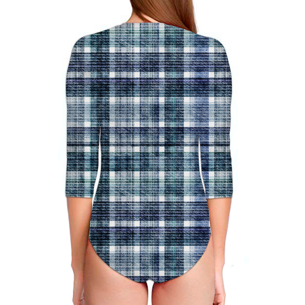Plaid Denim Jeans Pattern Print Long Sleeve Swimsuit