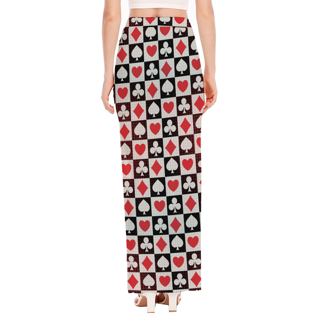 Playing Card Suits Check Pattern Print High Slit Maxi Skirt