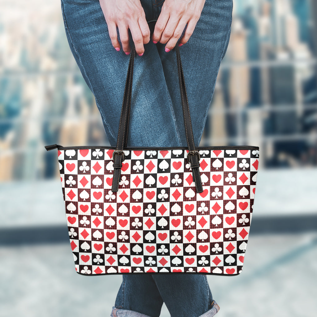 Playing Card Suits Check Pattern Print Leather Tote Bag