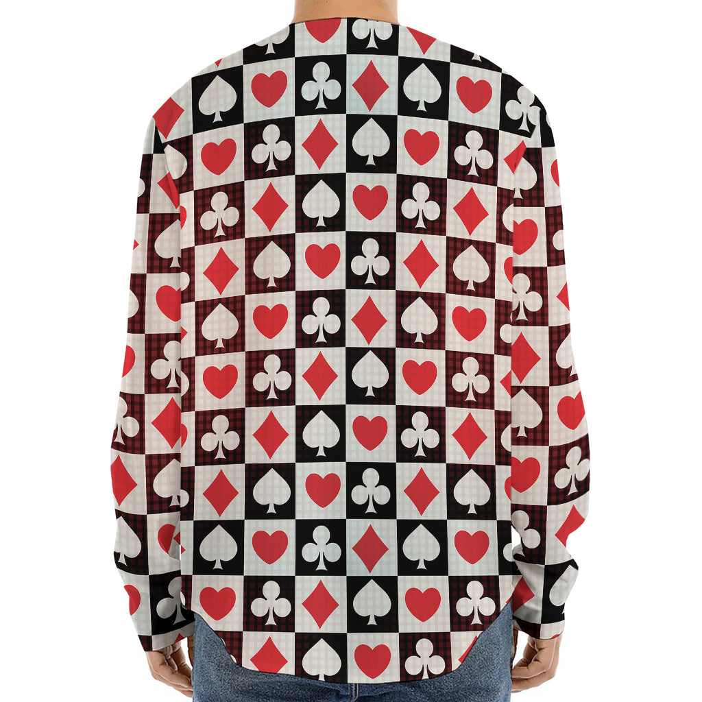 Playing Card Suits Check Pattern Print Long Sleeve Baseball Jersey