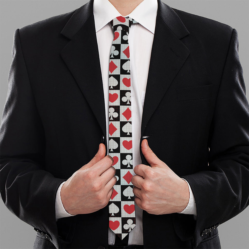Playing Card Suits Check Pattern Print Necktie