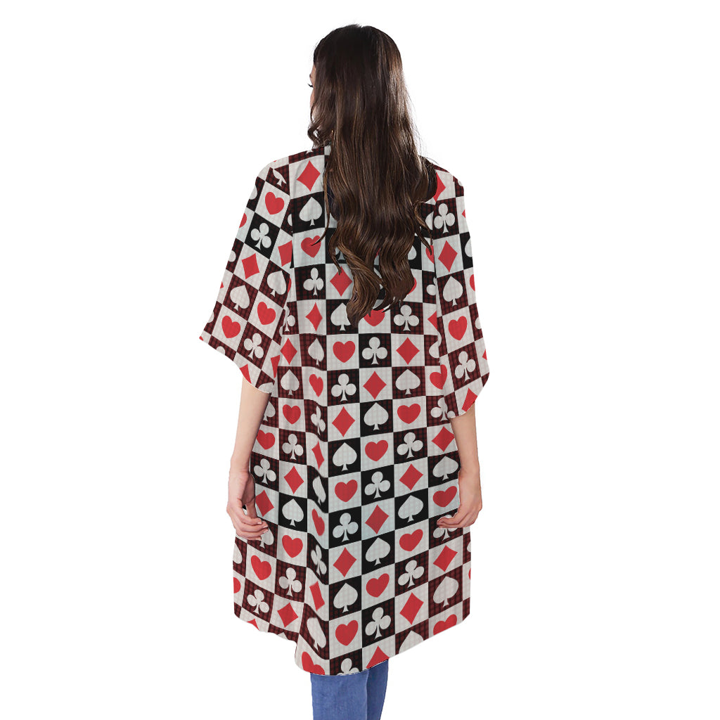 Playing Card Suits Check Pattern Print Open Front Beach Cover Up