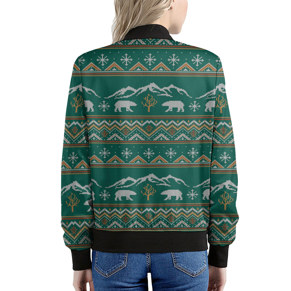 Polar Bear Knitted Pattern Print Women's Bomber Jacket