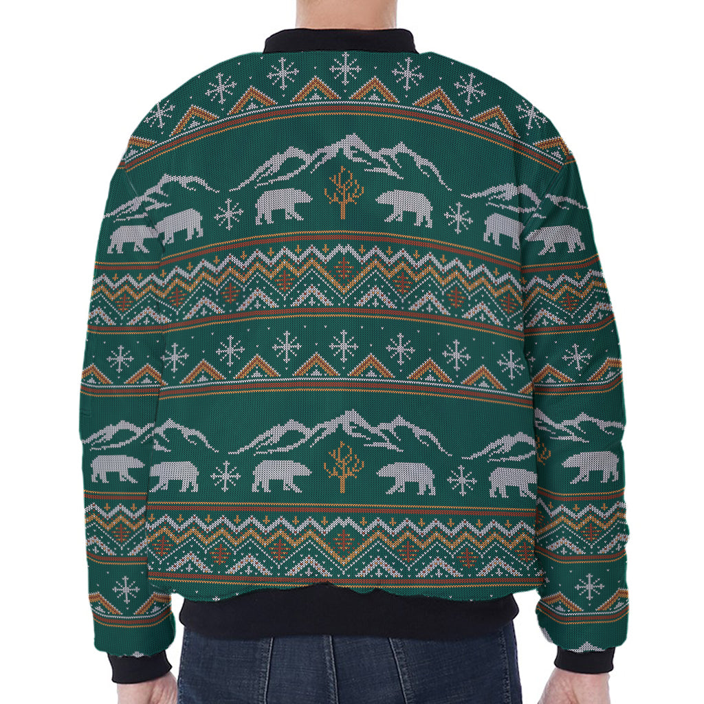 Polar Bear Knitted Pattern Print Zip Sleeve Bomber Jacket