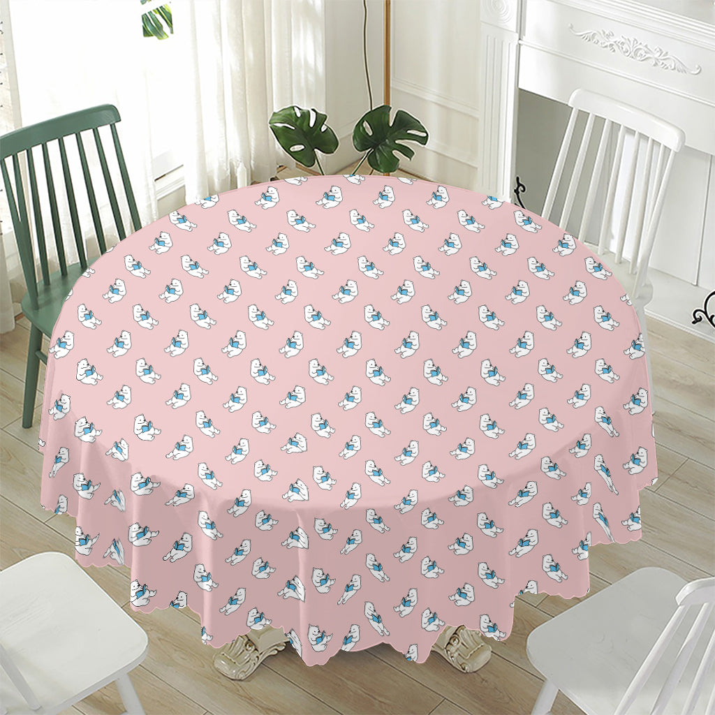 Polar Bear Reading Book Pattern Print Waterproof Round Tablecloth