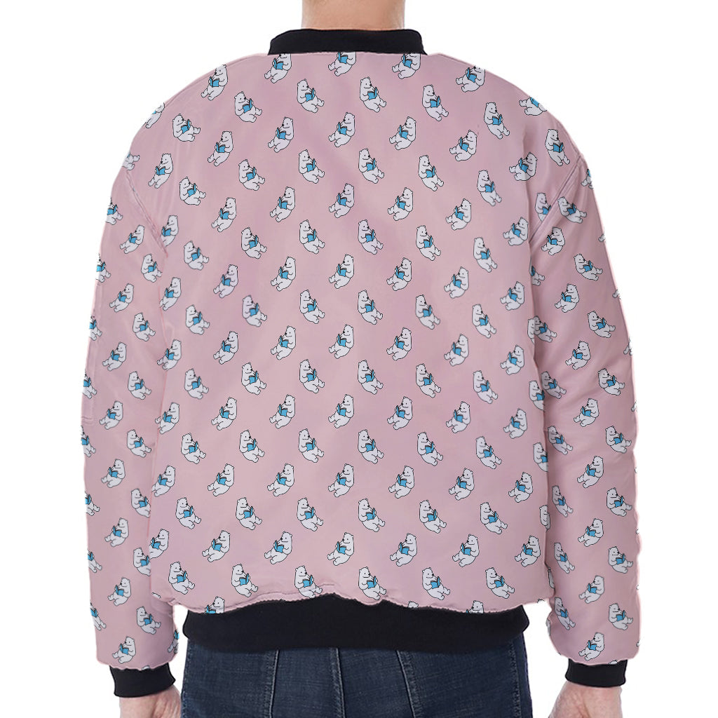 Polar Bear Reading Book Pattern Print Zip Sleeve Bomber Jacket