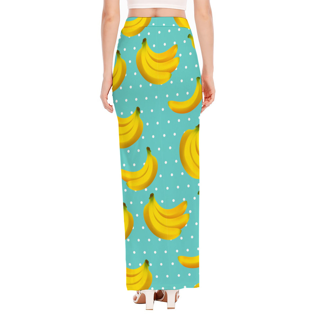 Polka Dot Banana Pattern Print High Slit Maxi Skirt