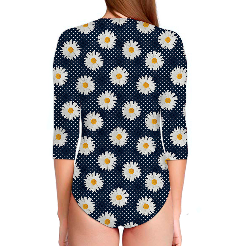 Polka Dot Daisy Floral Pattern Print Long Sleeve Swimsuit