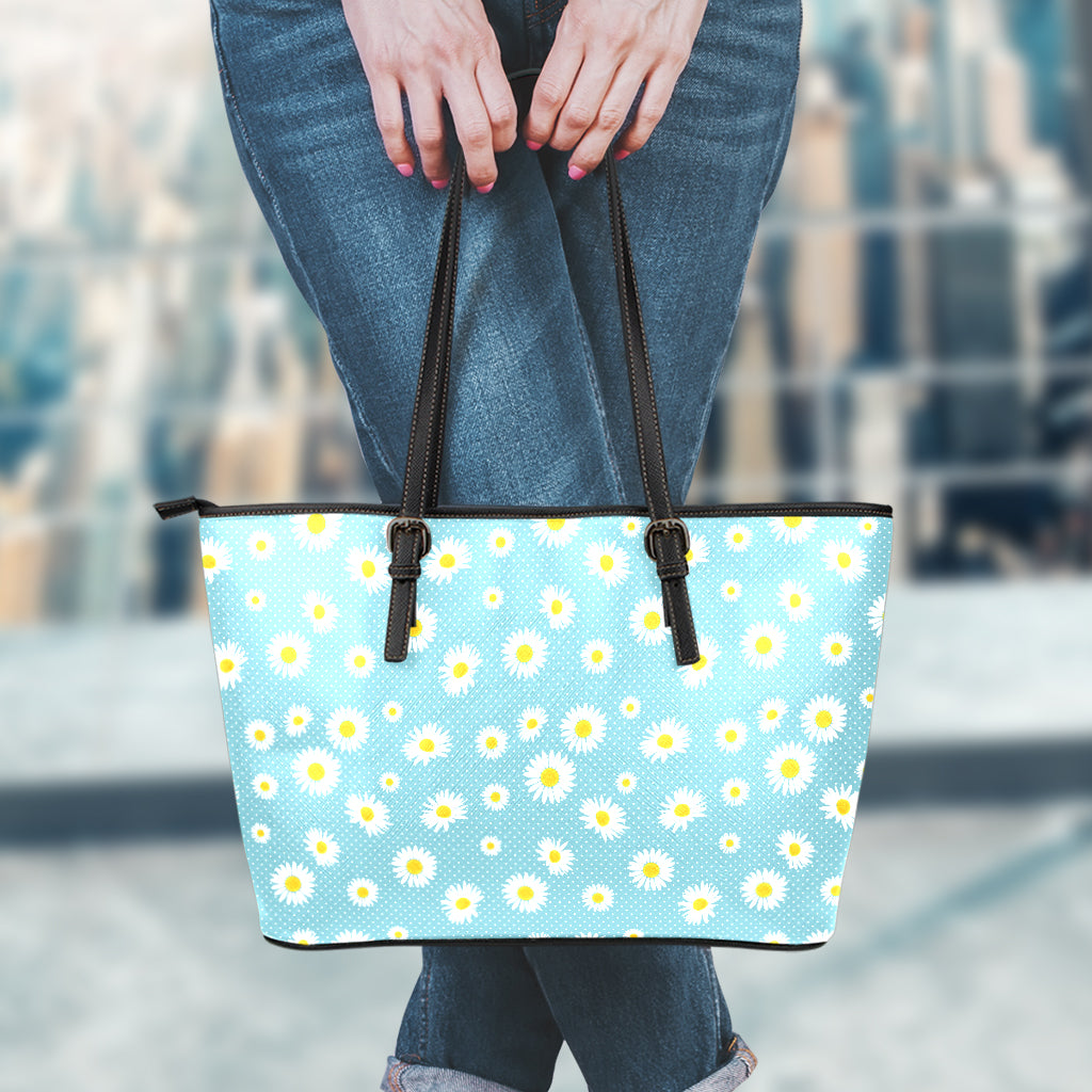 Polka Dot Daisy Flower Pattern Print Leather Tote Bag