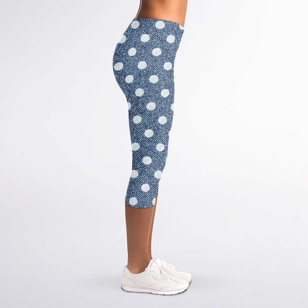 Polka Dot Denim Jeans Pattern Print Women's Capri Leggings