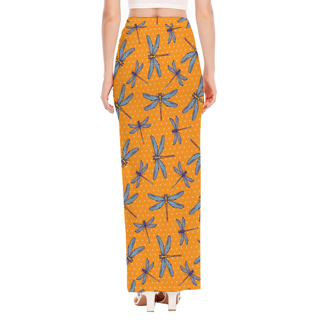 Polka Dot Dragonfly Pattern Print High Slit Maxi Skirt