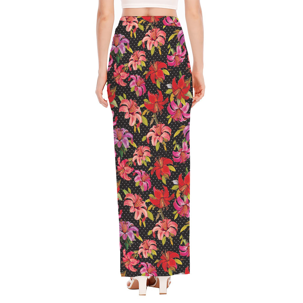 Polka Dot Lily Pattern Print High Slit Maxi Skirt