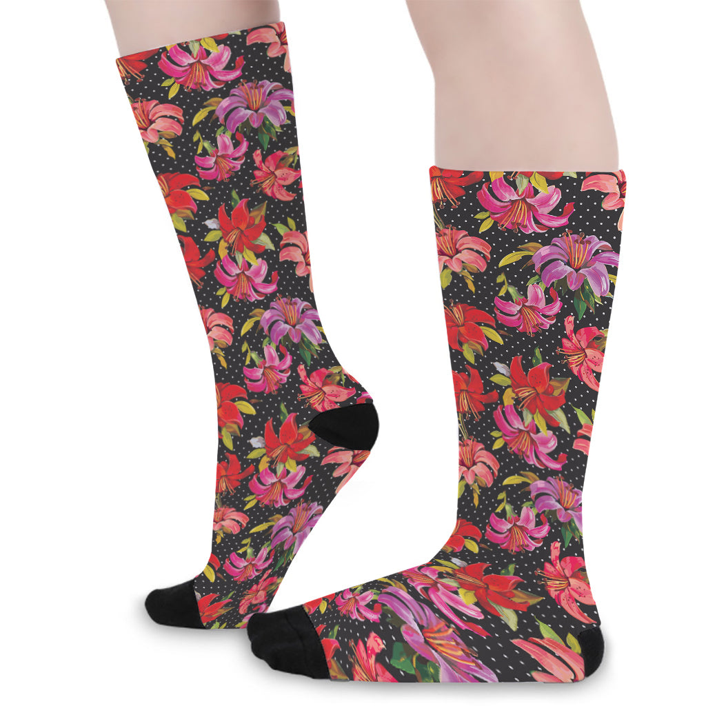 Polka Dot Lily Pattern Print Long Socks