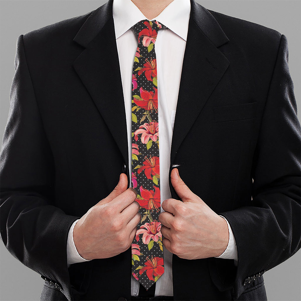 Polka Dot Lily Pattern Print Necktie