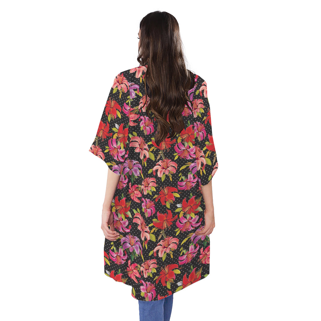 Polka Dot Lily Pattern Print Open Front Beach Cover Up