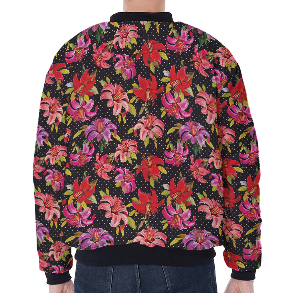 Polka Dot Lily Pattern Print Zip Sleeve Bomber Jacket