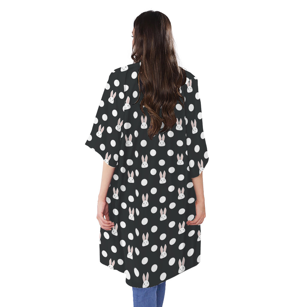 Polka Dot Rabbit Pattern Print Open Front Beach Cover Up