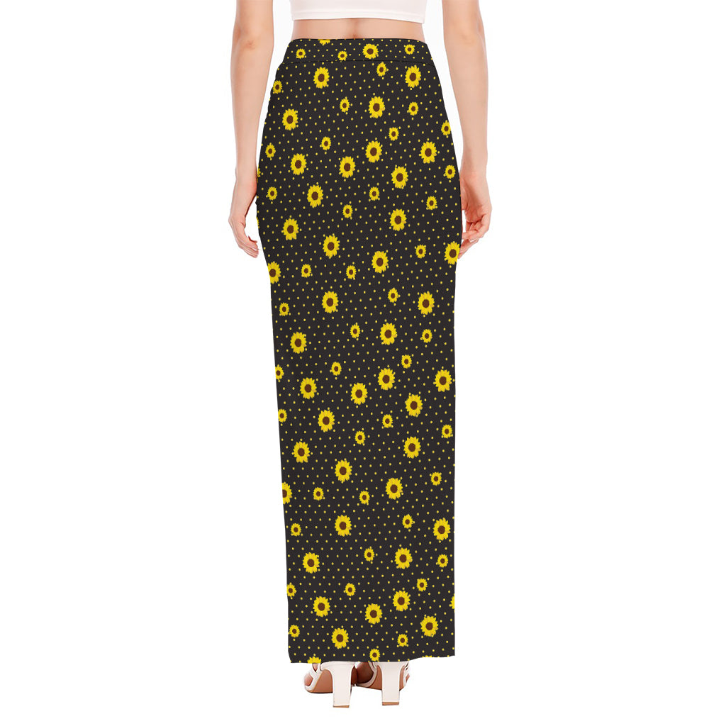 Polka Dot Sunflower Pattern Print High Slit Maxi Skirt