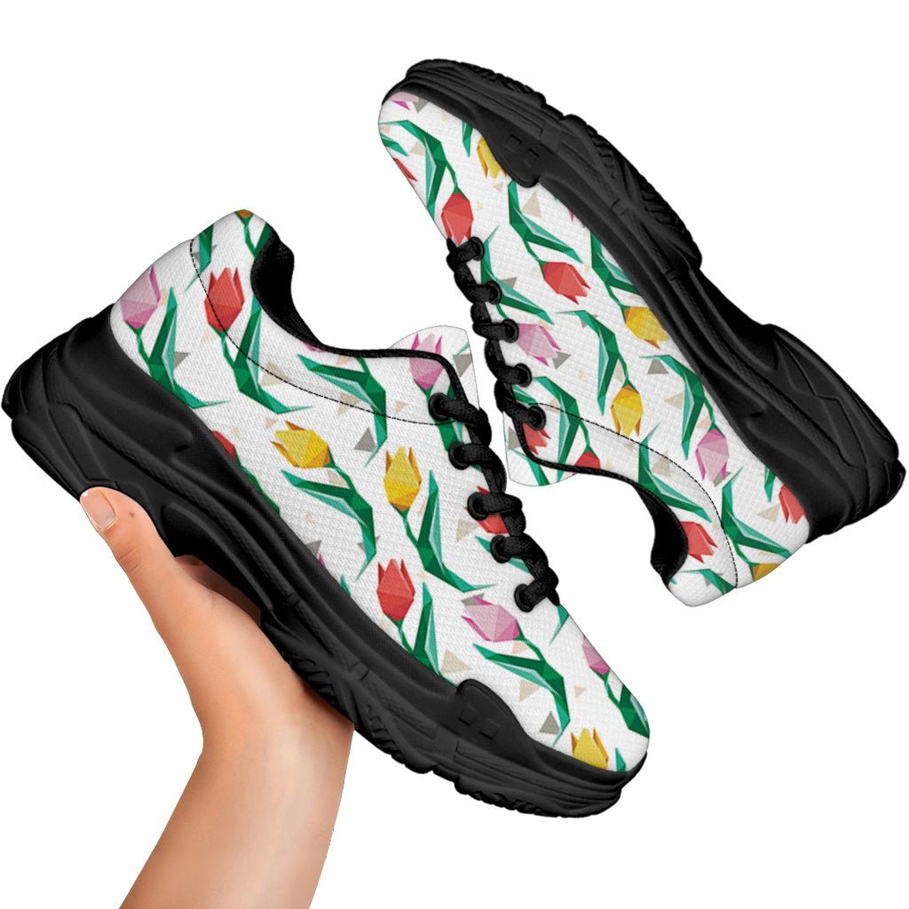 Polygon Tulip Pattern Print Black Chunky Shoes
