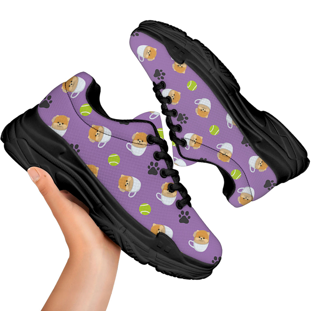 Pomeranian In Tea Cup Pattern Print Black Chunky Shoes