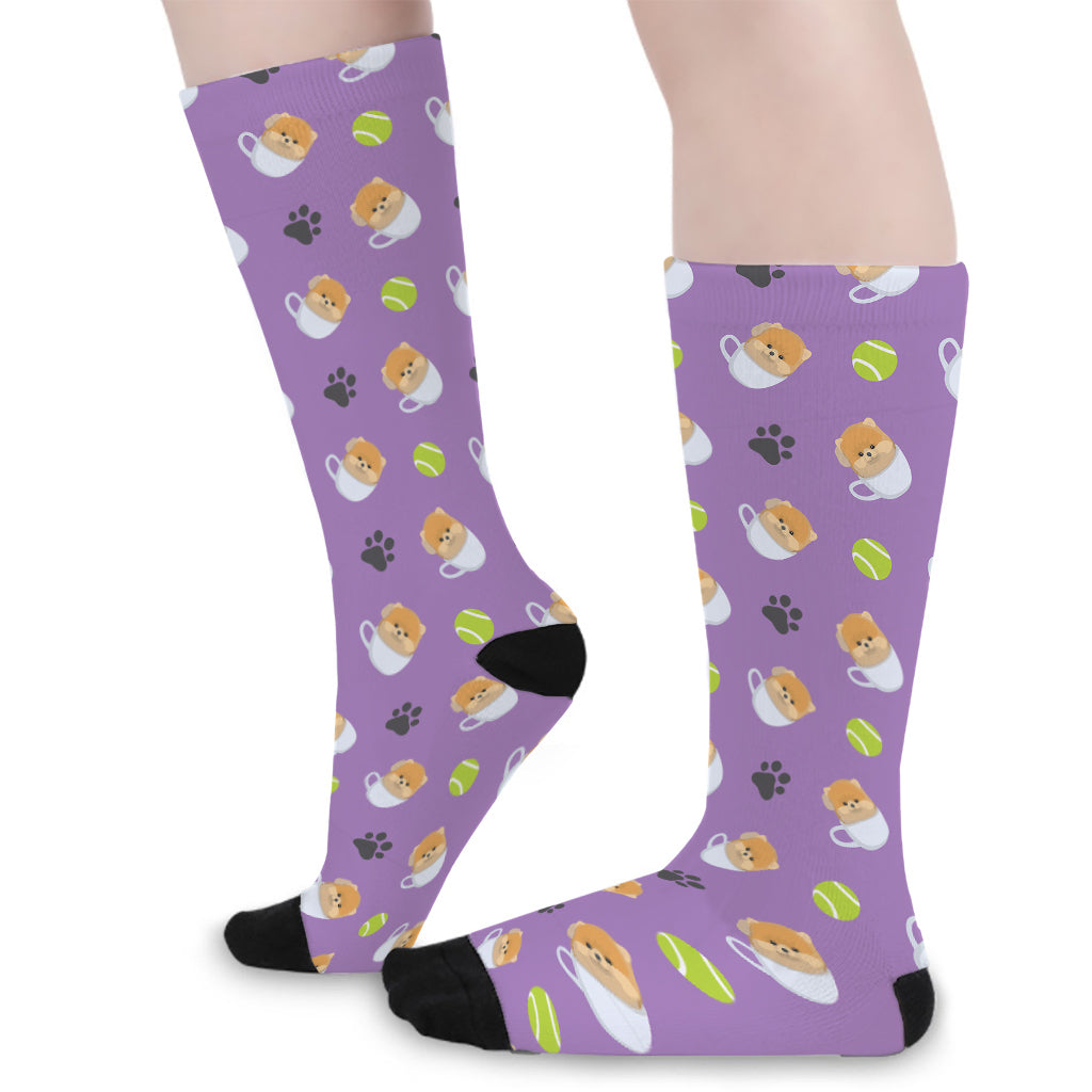 Pomeranian In Tea Cup Pattern Print Long Socks