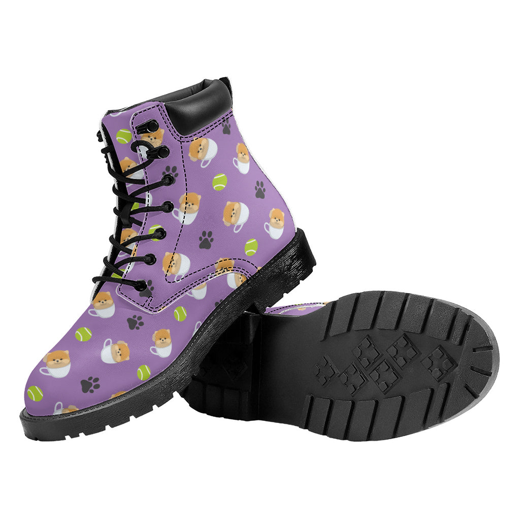 Pomeranian In Tea Cup Pattern Print Work Boots