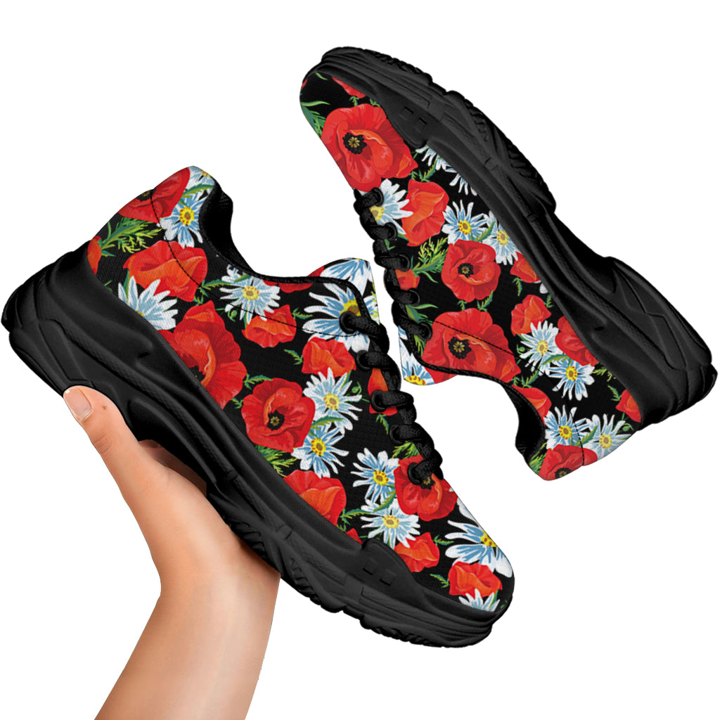 Poppy And Chamomile Pattern Print Black Chunky Shoes