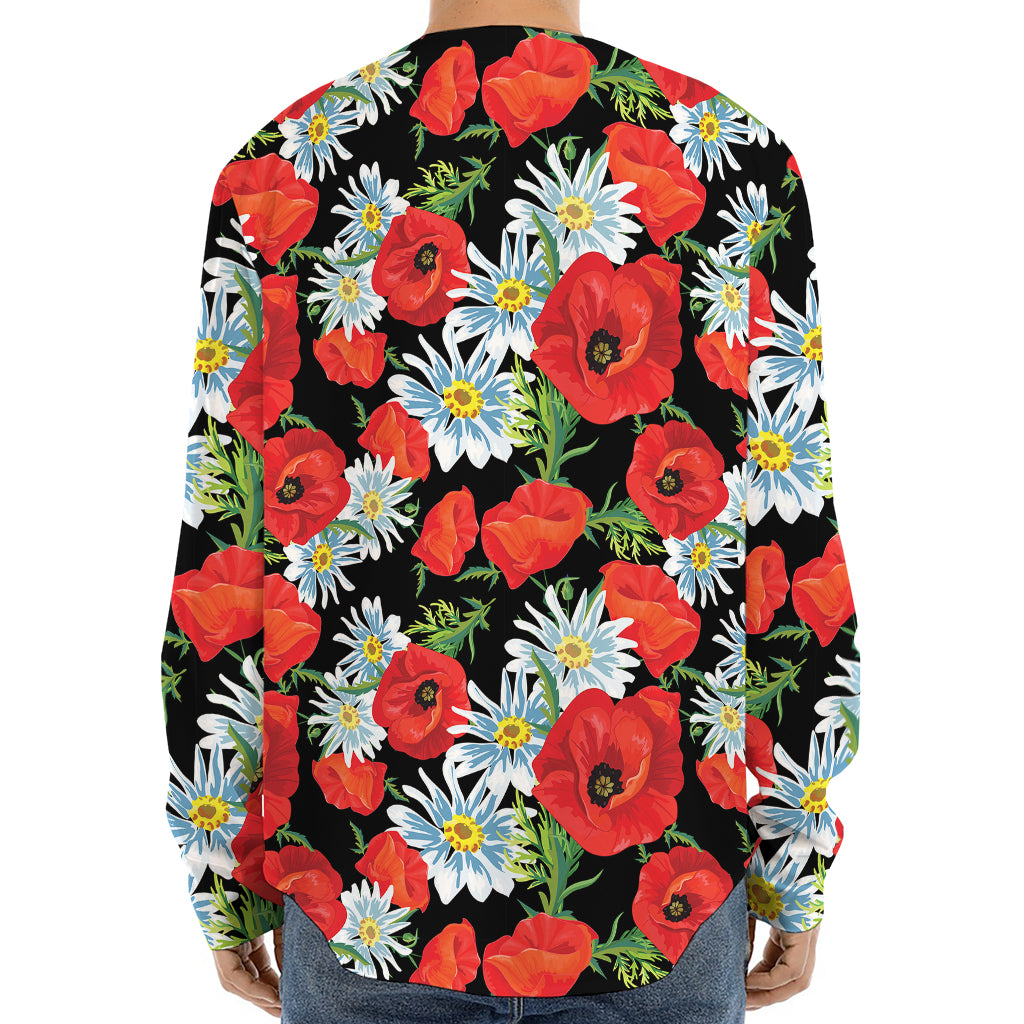 Poppy And Chamomile Pattern Print Long Sleeve Baseball Jersey