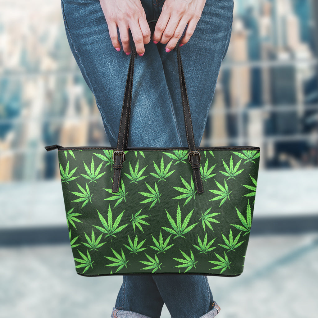 Pot Leaf Pattern Print Leather Tote Bag